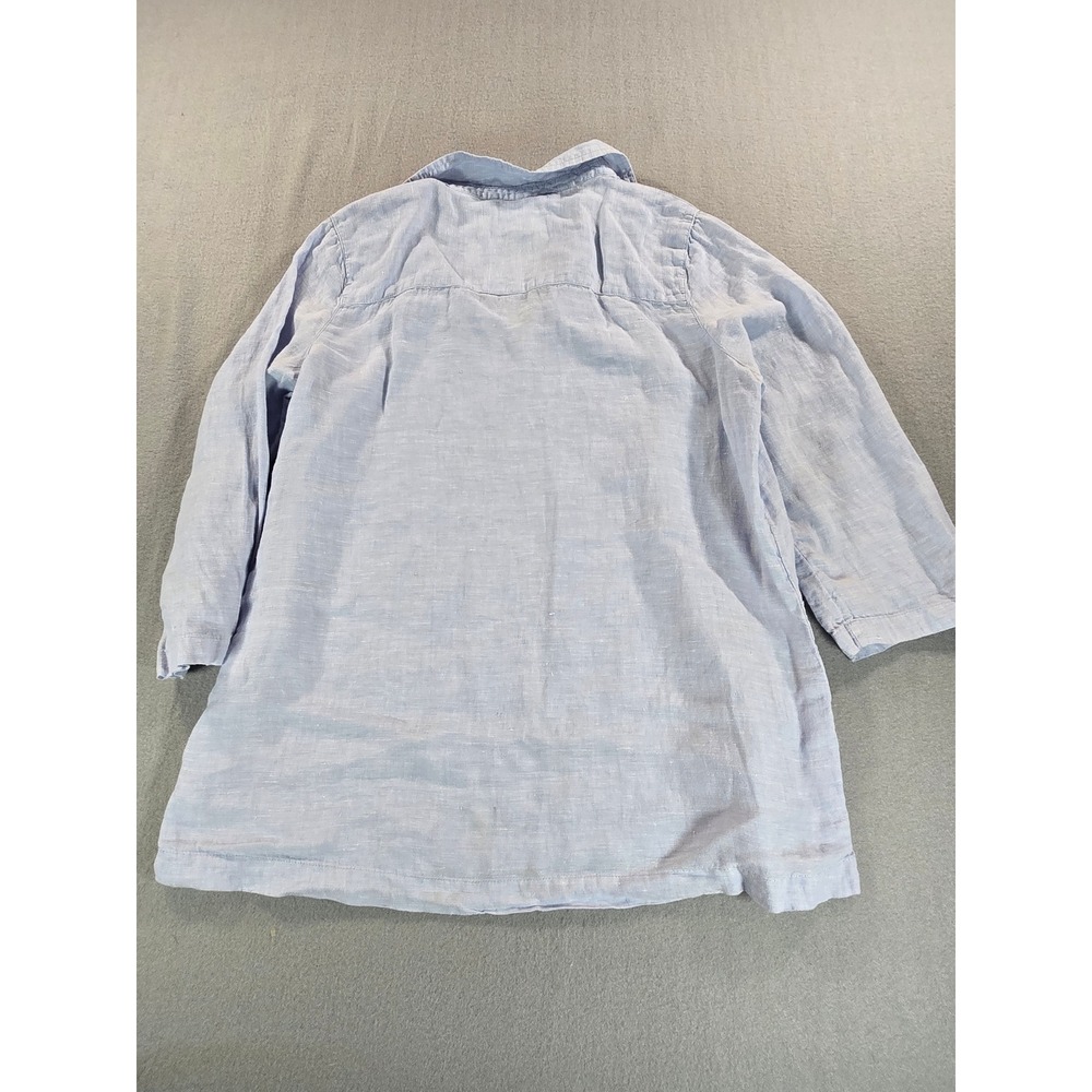 Tahari Tunic Top Womens Large Light Blue 100% Linen 3/4 Sleeve Side Button Boho - Picture 2 of 5
